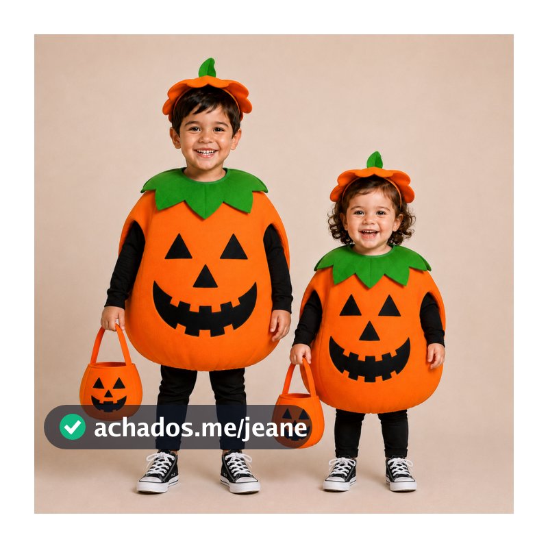 kit Fantasia Infantil de Abóbora Menino e Menina Unissex Halloween Carnaval (Traje C/ Chapéu +  Bolsa Sacola)