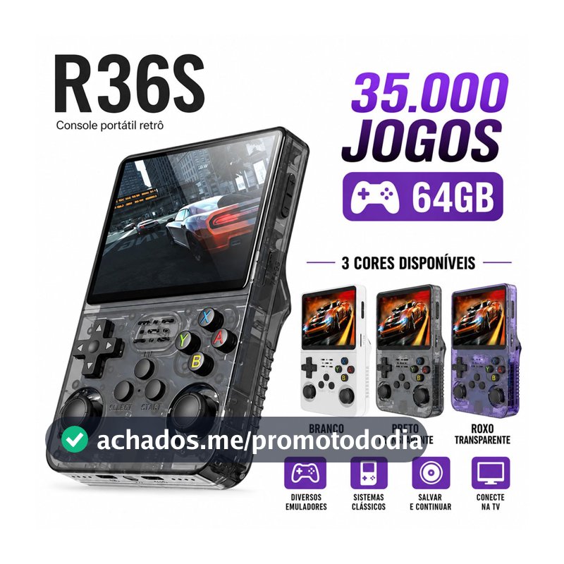 Console Portátil R36S + de 25.000 Jogos Vídeo Game 64g Linux Tela IPS 3.5 Polegadas
