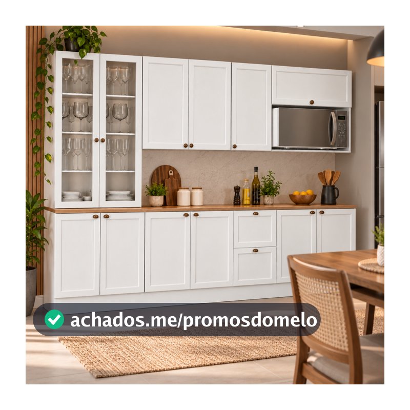 Composição Cozinha Olívia com Cristaleira 5 Peças 12 Portas com Tampo Poliman Móveis