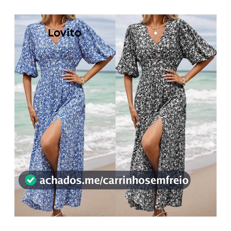 Lovito Vestido Feminino Estampa Floral e Botões Frontais DRNS27EX237