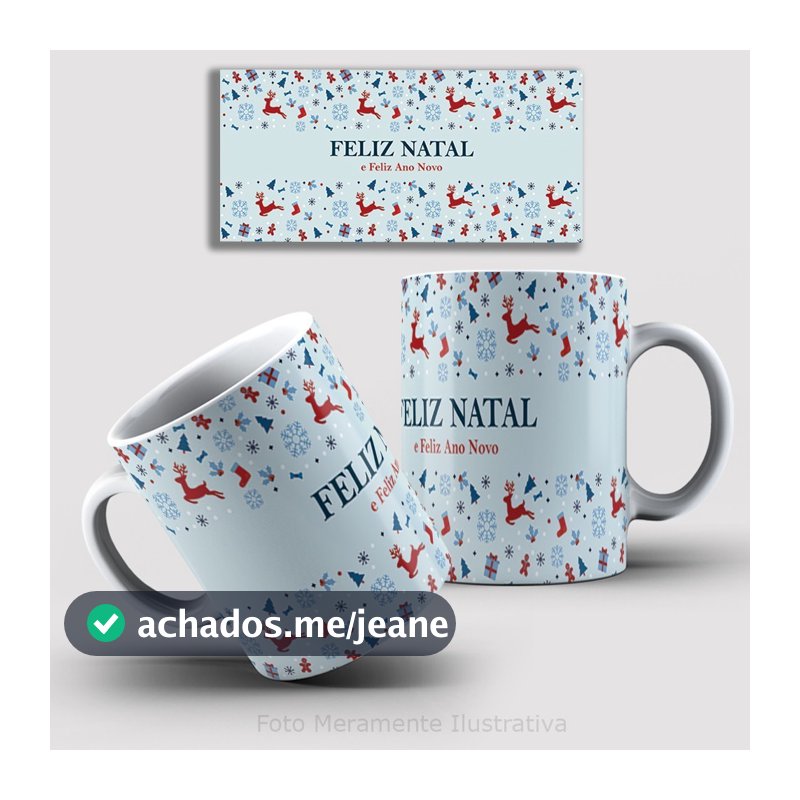 Caneca Natal Porcelana 325 ml Feliz Natal Flocos e Renas 1 Unidade