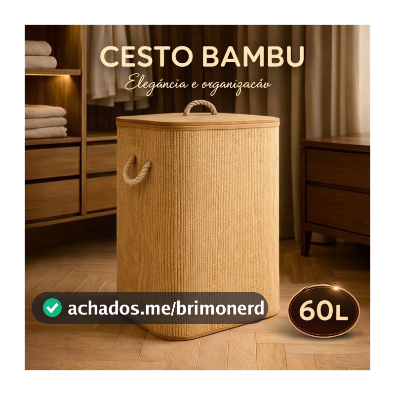 Cesto Bambu Dobrável Lyor 60l Tampa Cesto Roupa Suja Organizador Banheiro Quarto Ecológico Retangular Com Tampa E Forro