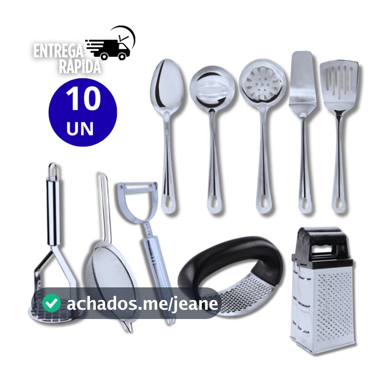 KIT 10 UTENSÍLIOS DE COZINHA EM AÇO INOX – COMPLETO, RESISTENTE E ELEGANTE