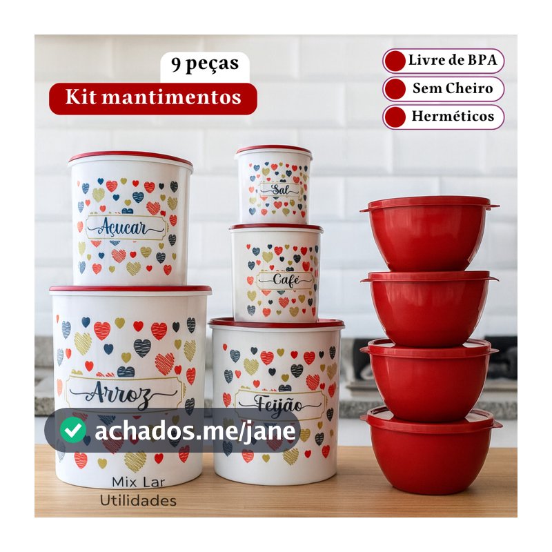 Kit de potes mantimentos 5 peças + 4 potes Boll redondos para cozinha