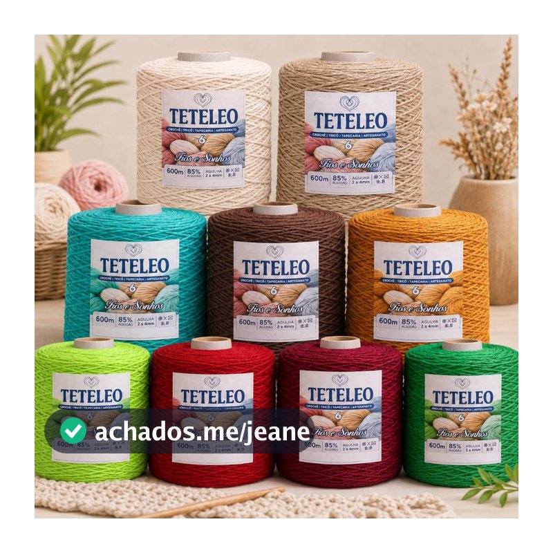 Barbante TETELEO Nº 6 600 Metros | 85% Algodão Premium | Antialérgico | Sem Poeira | Ideal para Crochê, Tricô, Tapeçaria