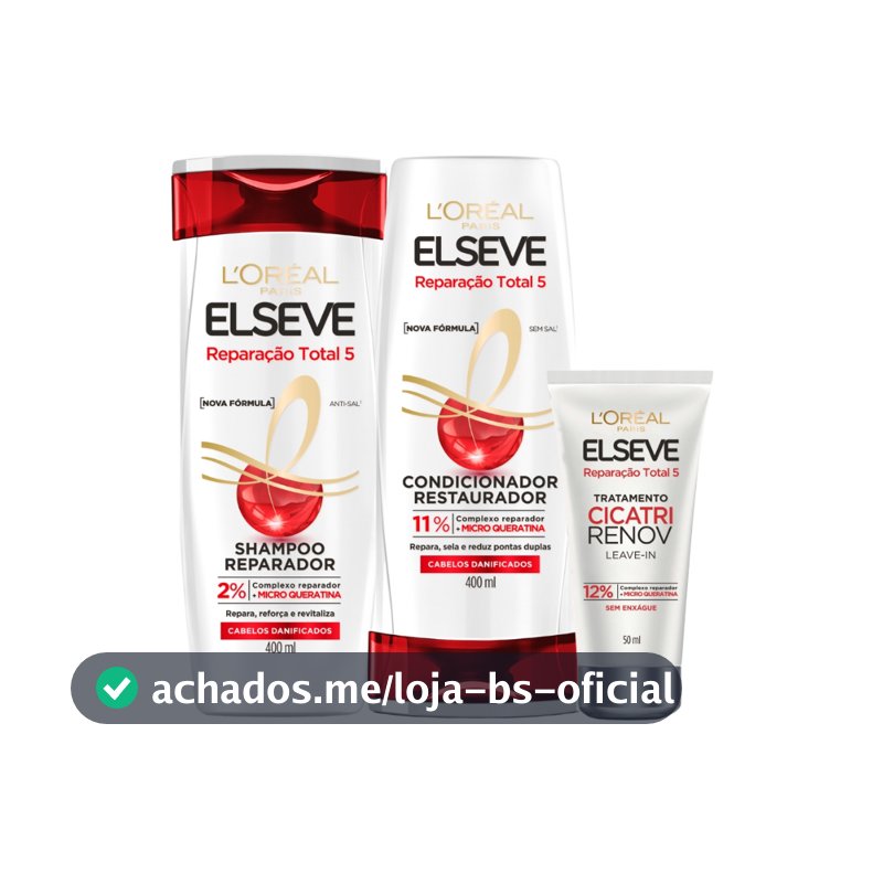 Kit Reparação Total 5 L'Oréal Paris Elseve  Shampoo 400ml + Condicionador 400ml + Leave-in de Tratamento Cicatri Renov