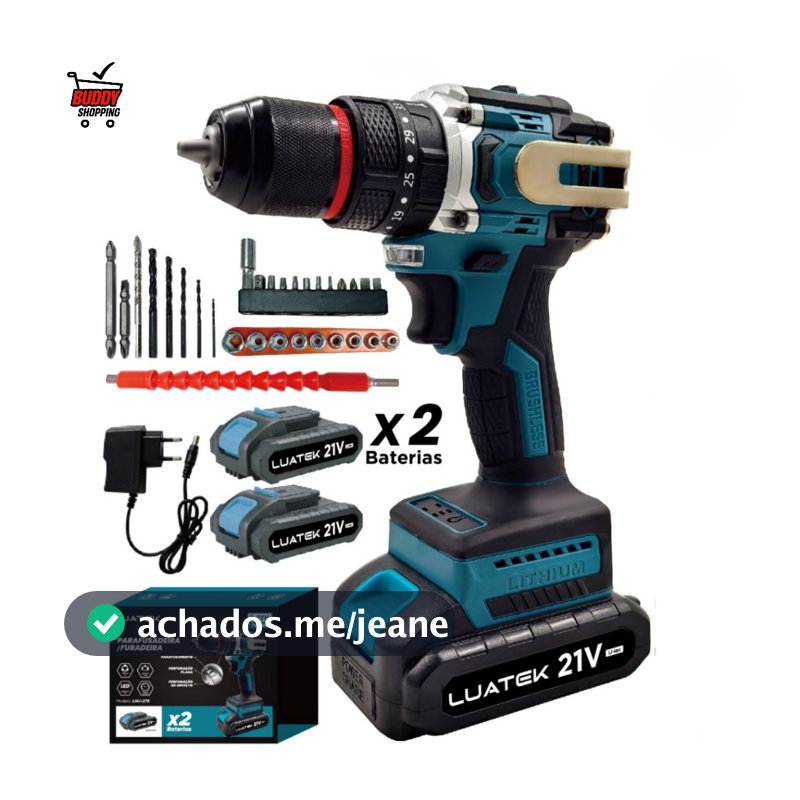 Parafusadeira Furadeira Impacto 21V Brushless 2 Baterias Profissional Kit Completo Maleta  Luatek LWJ-275