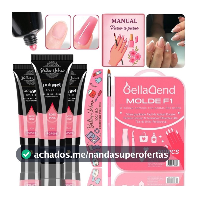 Kit Polygel Completo com 3 Poligel + Moldes F1+ Lixa + Pincel para Alongamento de Unhas Profissional