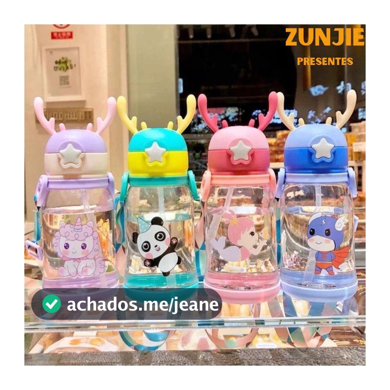 Garrafas De Alce Água Infantil 600ml Com Canudo e Cordão Copos Desenho Multicolorida