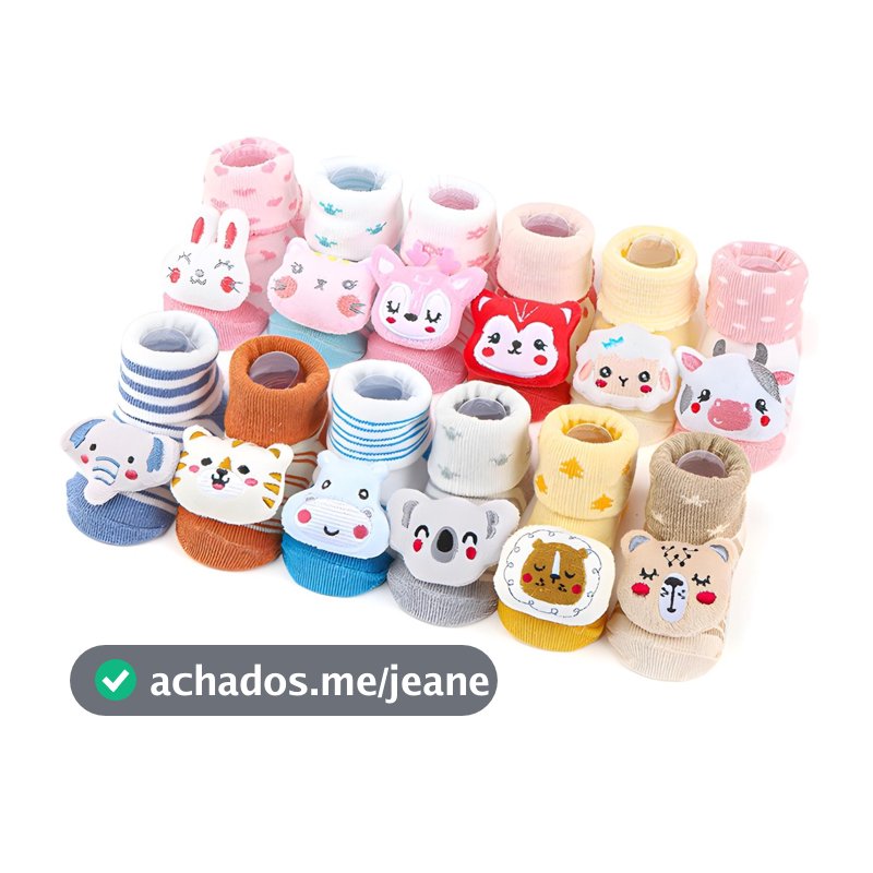Kit 10 Pares de Meias Bebê Infantil com Antiderrapante Bichinhos em 3D e Chocalho menino e Menina