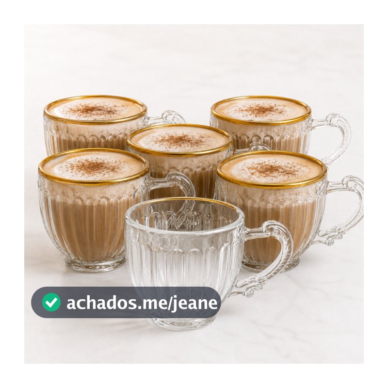 Jogo De 6 Xícaras 200Ml Borda Dourada Capuccino Café Chá