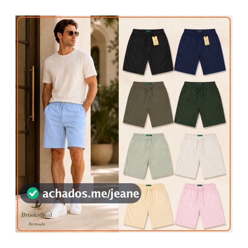 Short Masculino  Brooksfield Casual Premium com Elástico, Cordão, Bolsos e Bordado Tom Sobre Tom