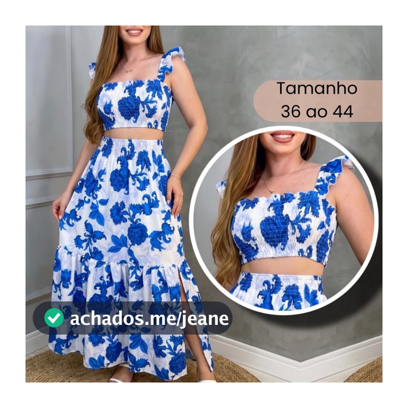 Conjunto Feminino Saia Longa e Cropped Lastex Floral LUXO
