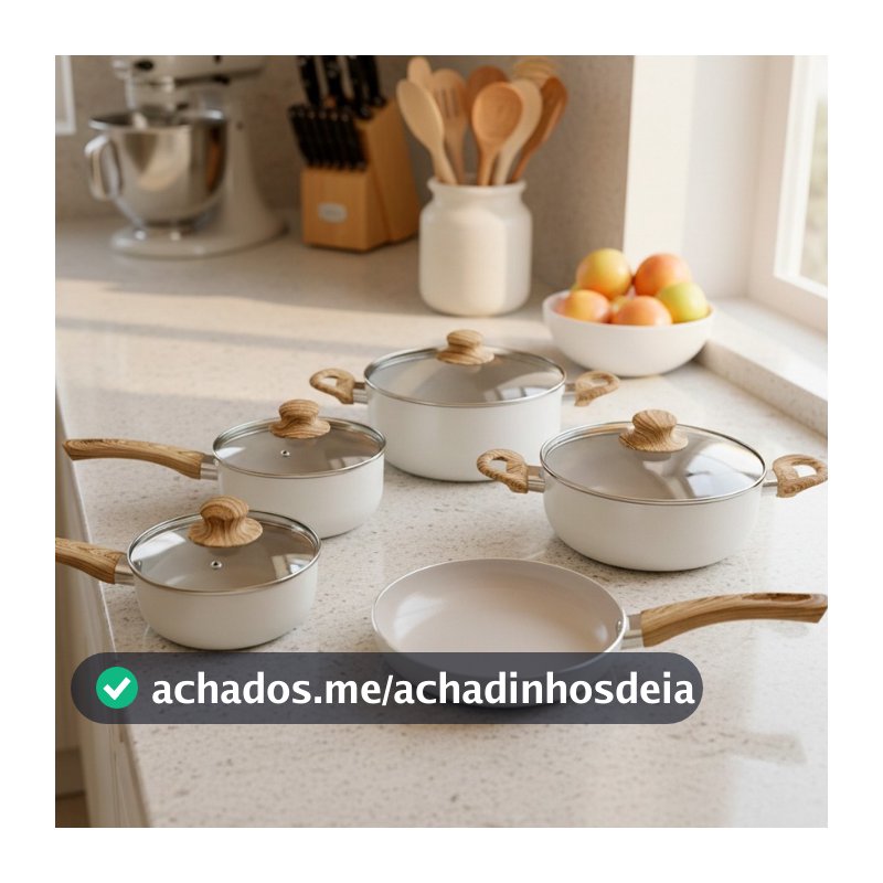 Jogo de Panelas Conjunto 5 Peças Antiaderente Cerâmica com Indução Tampa de Vidro Cozinha Frigideira
