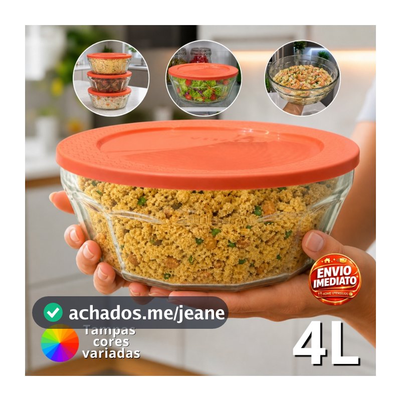 Tigela Pote Redondo De Vidro Saladeira 4 Litros Tampa Plastica