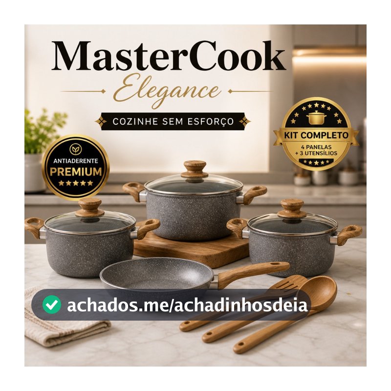 Kit Panelas Antiaderente 4 Peças + Utensílios Cozinha Completo MasterCook Elegance Set Revestimento Premium Fácil Limpez
