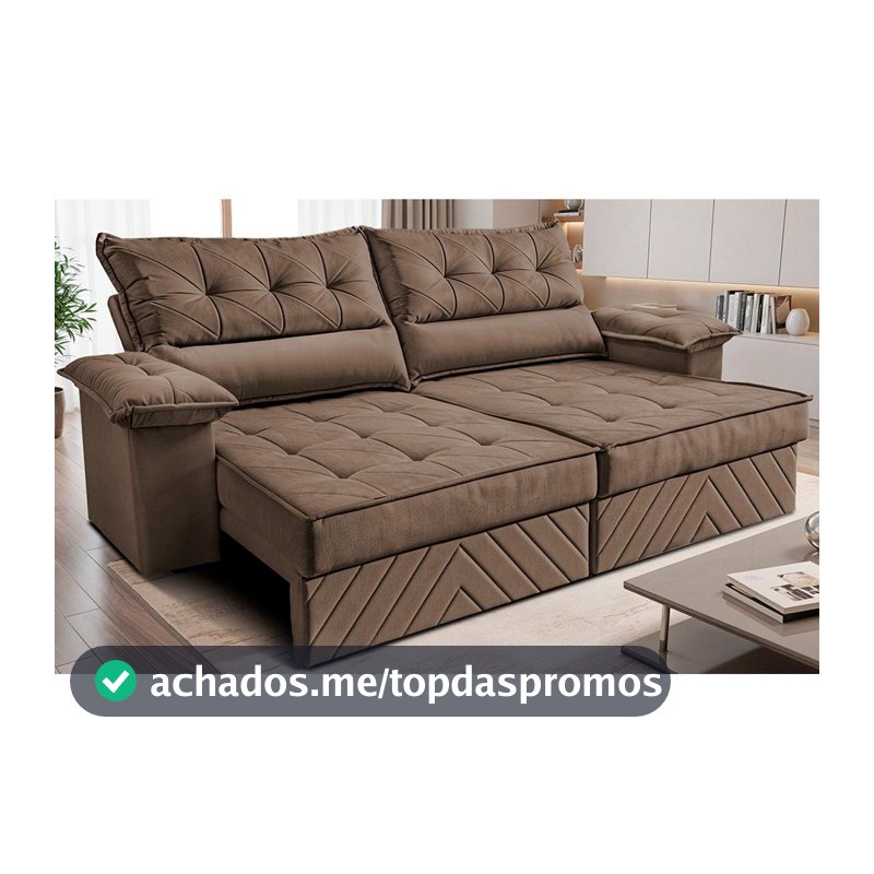 Sofá Retrátil e Reclinável 2,10m com Molas e Espuma D33 Thunder. Velusoft Cama inBox