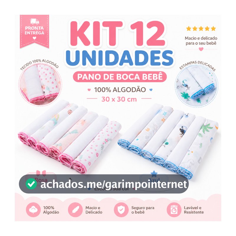 12 Unidades Pano de Boca Bebe Fralda de Boca Babete 100% Algodão 30cm x 30cm