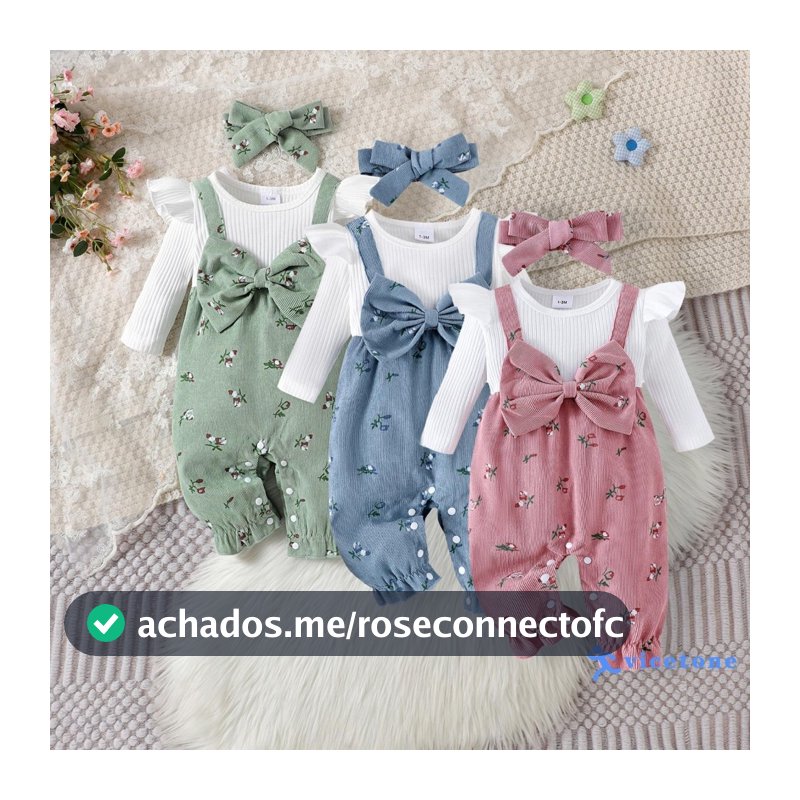 VIC-Conjunto Roupa Bebê Menina 2 Peças Blusa Manga Longa + Macacão Suspensório Estampa Floral Com Laço + Faixa De Cabelo