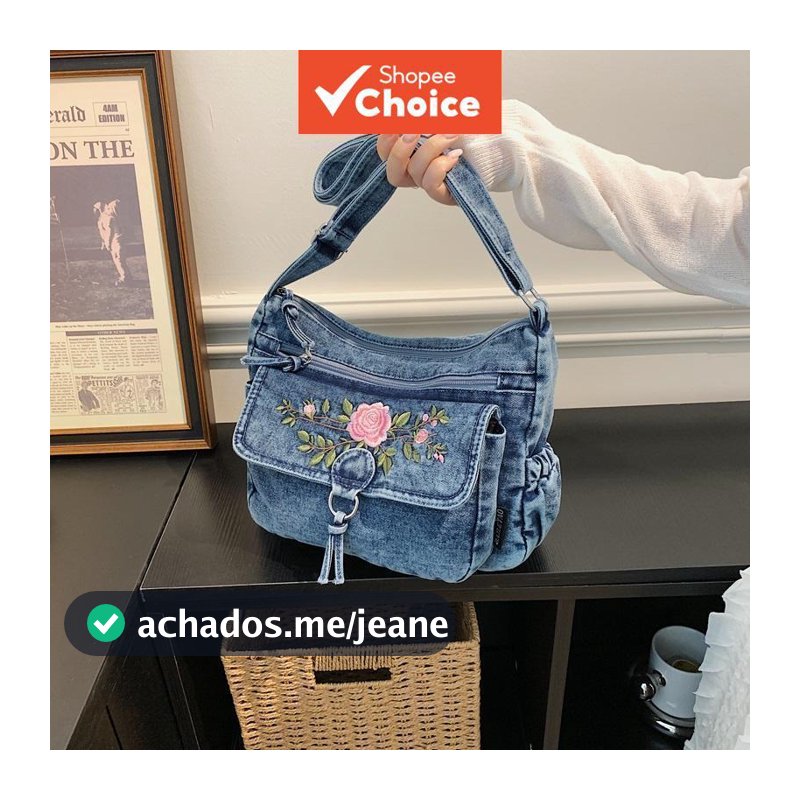 Bolsa de ombro feminina vintage em denim, bordado floral