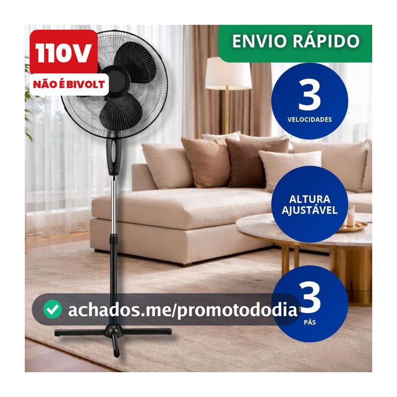 Ventilador de Pé 110v Coluna Grande 130cm 3 Pás Turbo Silencioso Vento Forte 3 Velocidades Preto