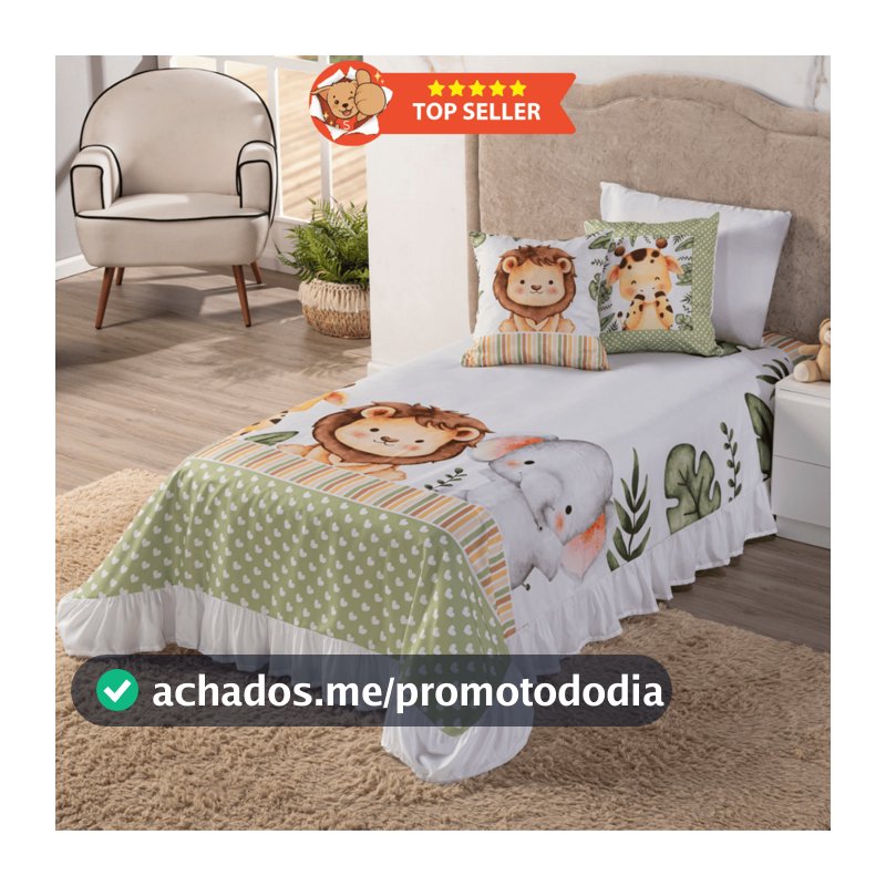 Kit Colcha Cobre - Leito 06 peças 1,70x2,30 Safari Baby Ideal p/ Decoração Quarto Infantil Solteiro