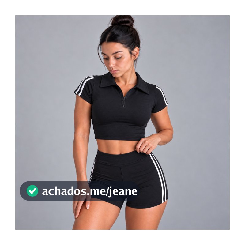 Conjuntinho Feminino Moda Fitness Curto Com Listras Laterais E Gola Alta Tecido Poliamida Premium Ziper