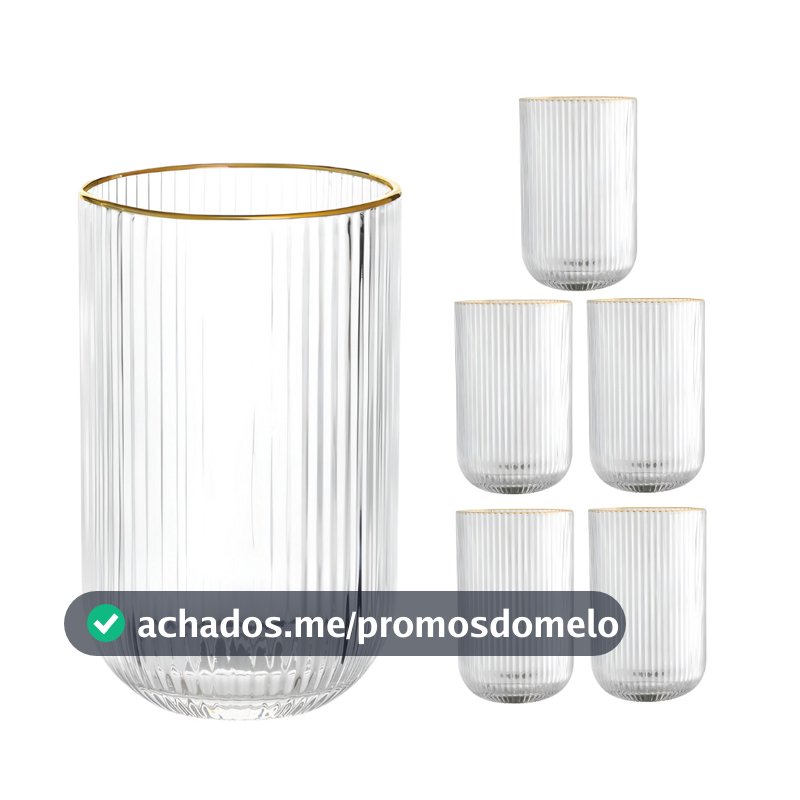 Kit 6 Copos Vidro Versalhes Borda Dourada Canelado Agua 420ml