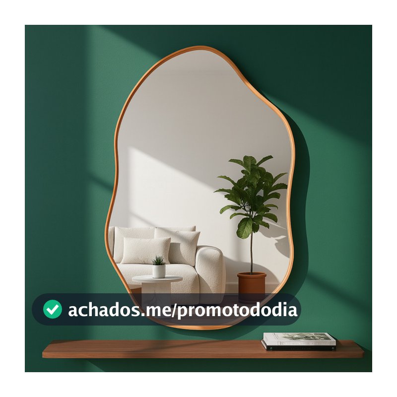 Espelho Orgânico 60x40 Couro Caramelo + Suporte Metálico Decoração Sala Penteadeira Quarto Banheiro
