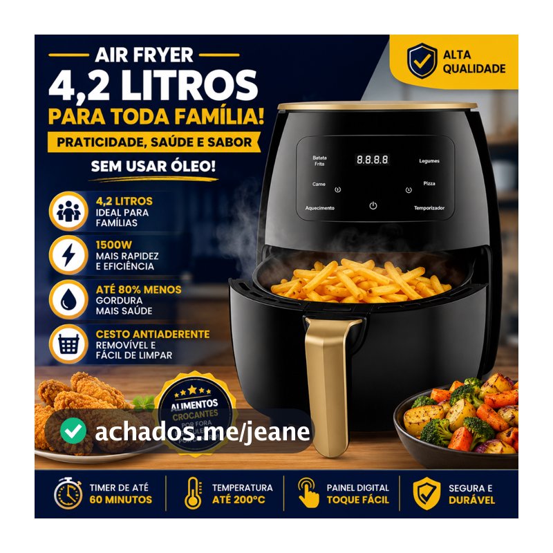 Fritadeira Elétrica 4,2 Litros 1500W 127v Digital Sem Óleo Timer Antiaderente Fácil Limpeza - BARUCH