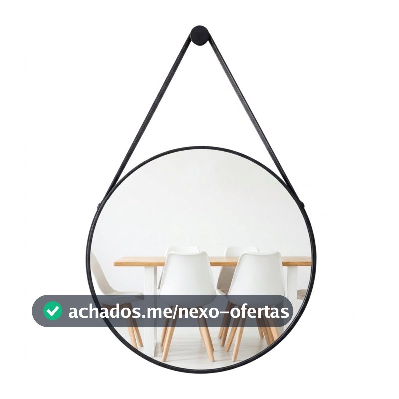 Espelho Redondo Alça Couro 60cm Suporte De Fixação para Banheiro Sala Quarto Lavabo Minimalista
