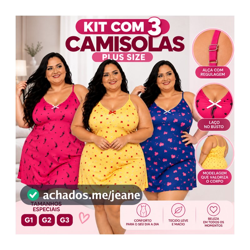 KIT com 3 Camisolas Plus Size Vestido de Dormir Extra Grande Camisola XGG