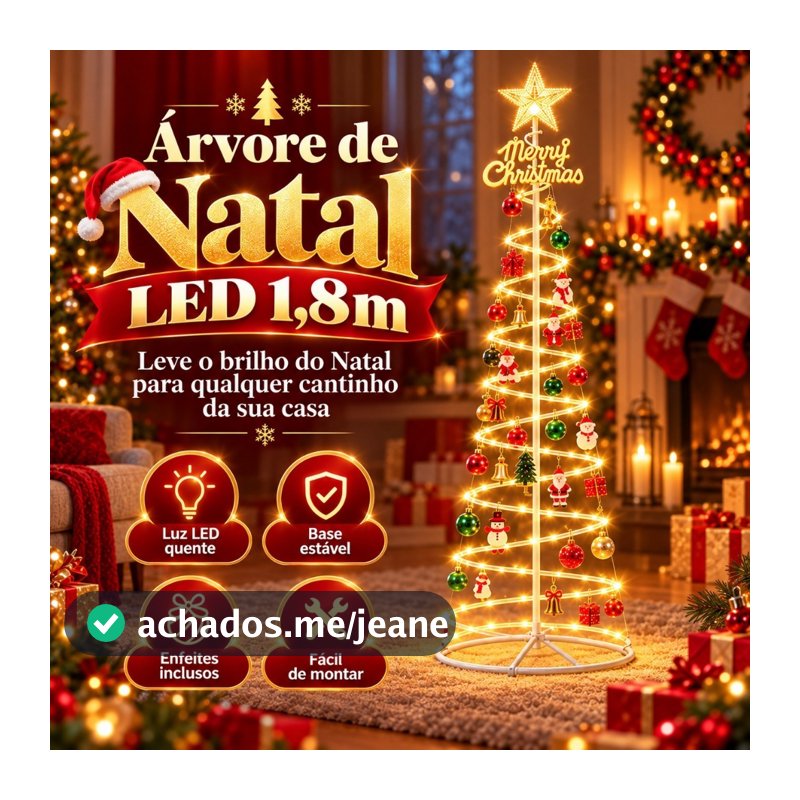 Árvore de Natal Espiral LED 1,80m com Estrela Iluminada e Enfeites Inclusos para Decoração