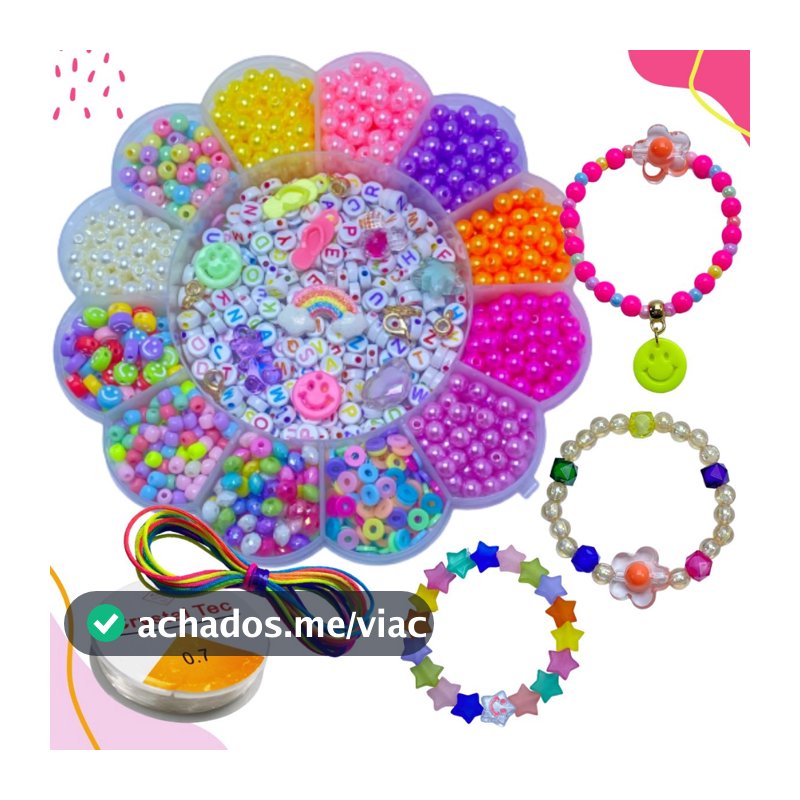 Kit Miçangas Infantil Pulseiras E Colar Maleta Florzinha, Borboleta e Minnie Bijuteria para Crianças