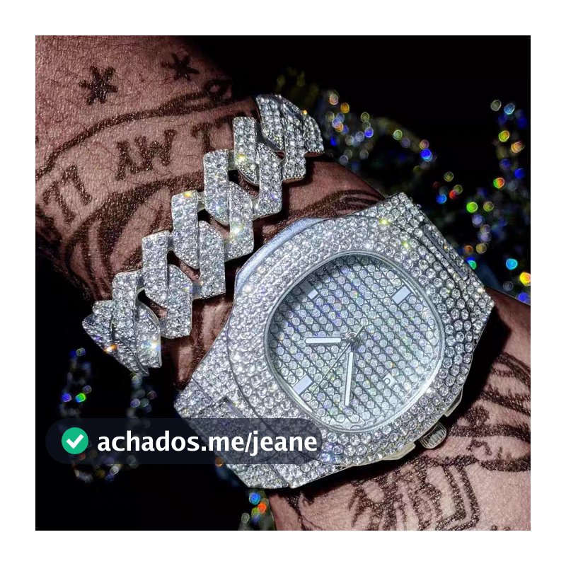 Relógio Masculino Iced Out Conjunto Relógio + Pulseira Cubana Zircônia Brilhante Estilo Hip Hop Quartzo