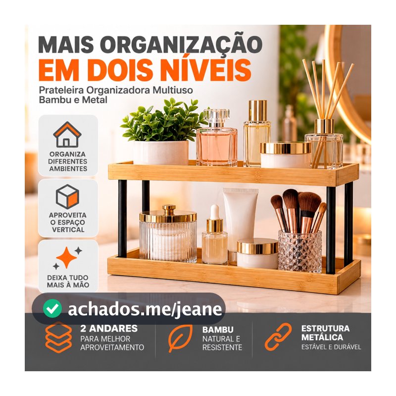 Prateleira Organizadora Multiuso de Bambu com Estrutura Metálica 2 Andares.