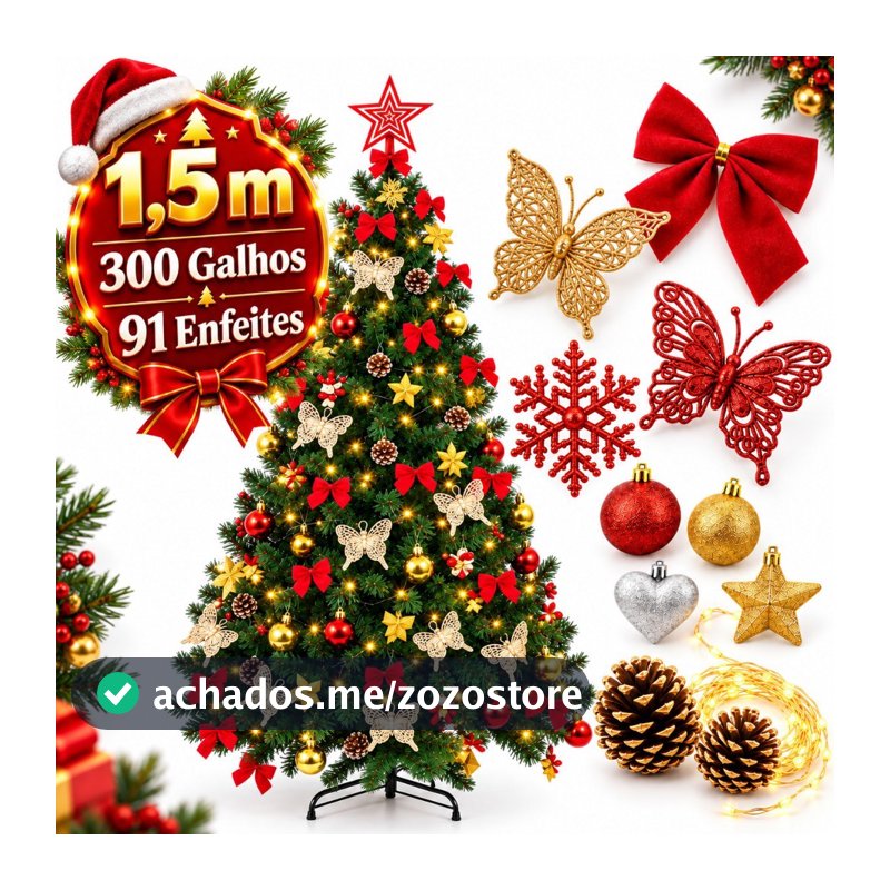 kit Árvore de Natal 1,5m Cheia Decorada 300 Galhos Verde Pé de Ferro 150cm Premium Pisca Led Laço Quente