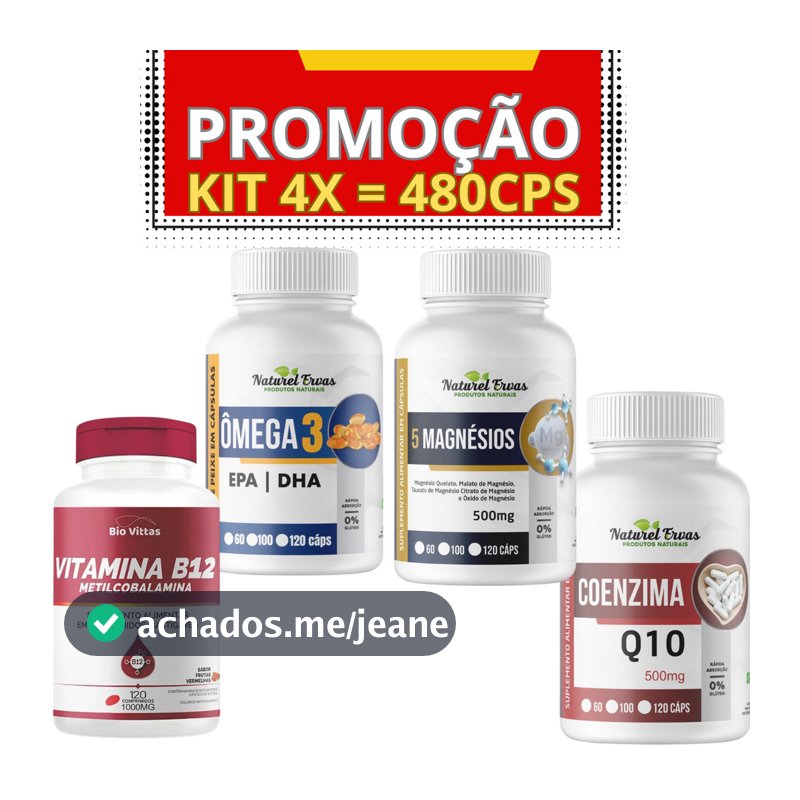 Kit Completo: B12 + Ômega 3 + Coenzima Q10 + 5 Magnésio -  total 480 cps