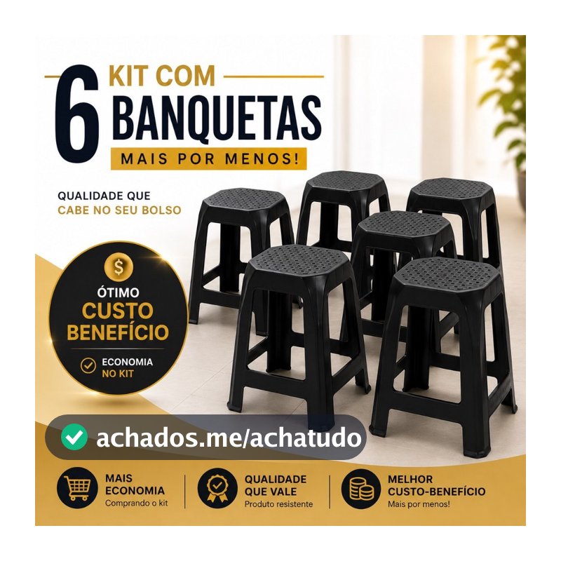Kit 6 Banqueta Plástico Preta Banco Multiuso Resistente Cozinha Área Serviço Banheiro Jardim Casa
