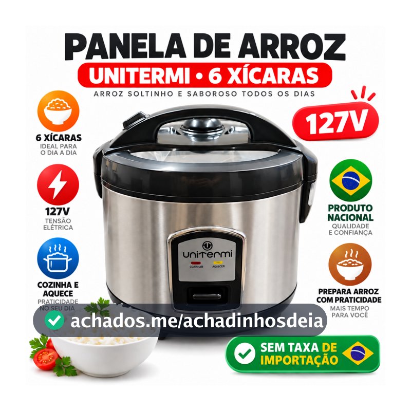 Panela de Arroz Elétrica Aço Inox Antiaderente 6 Xícaras UNITERMI 110/127V Prática Compacta
