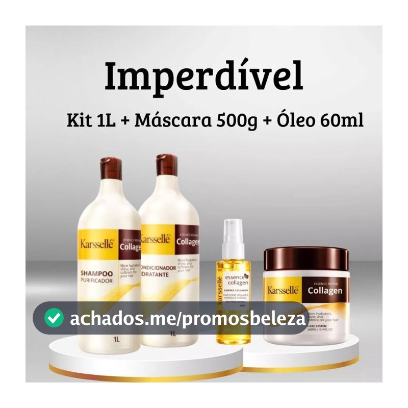 Kit 4 em 1 Completo Karssellé – Shampoo 1L + Condicionador 1L + Máscara 500ml + Óleo 60ml