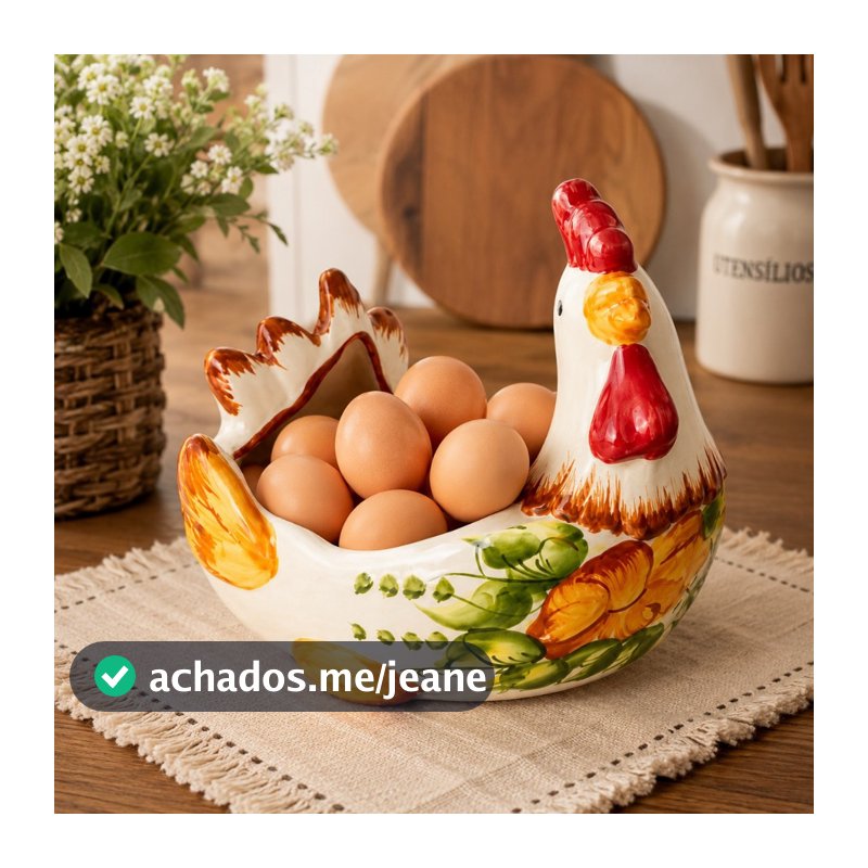 Porta Ovos Galinha em Cerâmica Esmaltada Pintada a Mao Decorativa Cozinha
