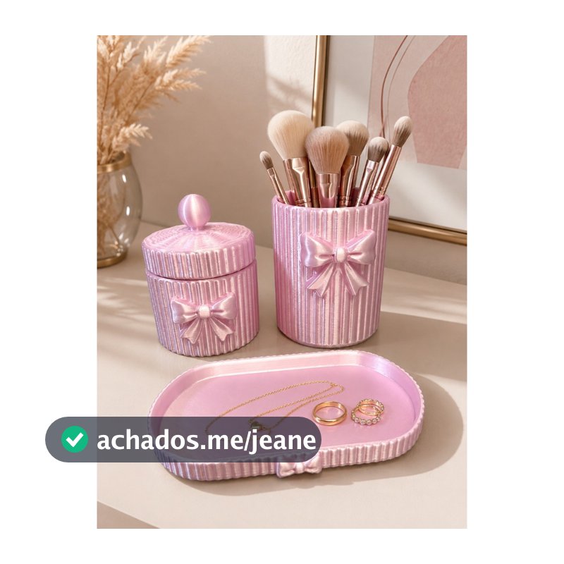 Kit Organizador de Maquiagem e Joias com Laço – Porta Pincéis, Porta-Objetos e Bandeja Decorativa