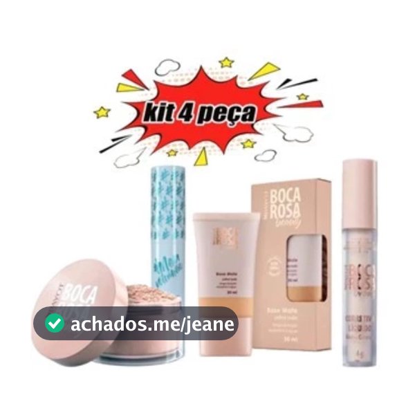 Conjunto de 4 peças BOCA ROSA Base líquida + Pó mármore + Rímel e corretivo