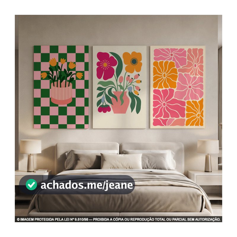 Quadro Decorativo Arte Moderna Abstrata Floral Minimalista Retrô | Kit 3 Peças em MDF