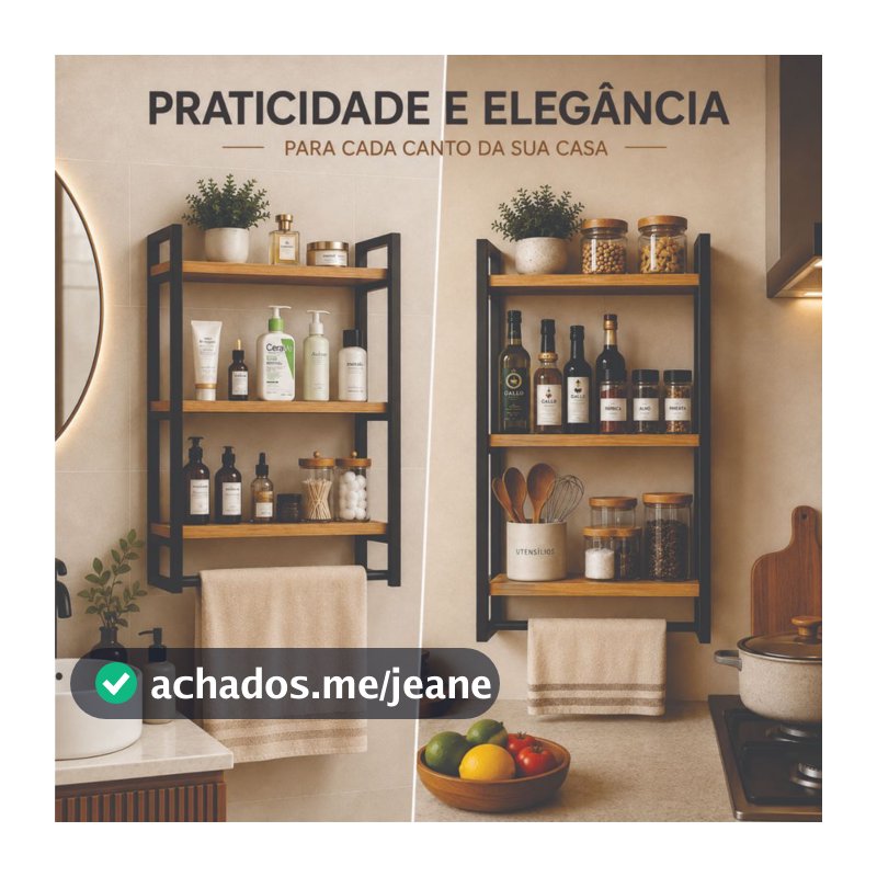 Prateleira Industrial antiferrugem Preto MDF Aço Carbono P/Cozinha, Banheiro