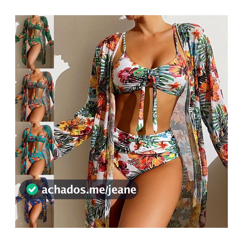 HNYHWKR Conjunto Biquíni 3 Peças Estampa Tropical Saída Praia Manga Longa Praia Férias Feminino