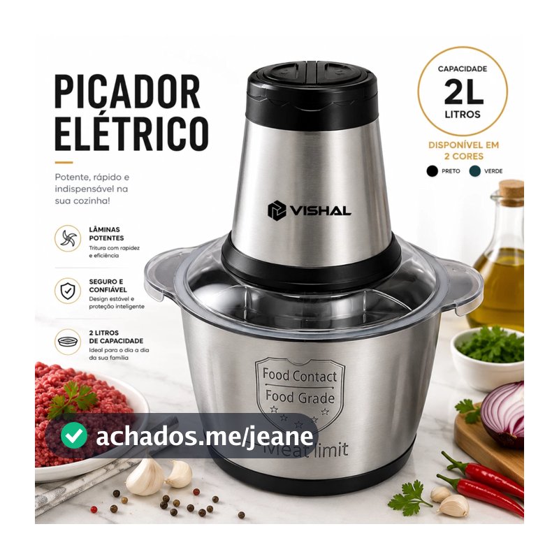 2 Litro Triturador De Alimentos Carne e Legumes Elétrico Multiprocessador 2 Modos Bivolt Inox Fácil De Limpar