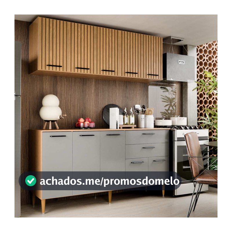 Armário de Cozinha Bela Completa 10 Portas 2 Gavetas Ripado Grafite MDF MDP com Aéreo e Balcão