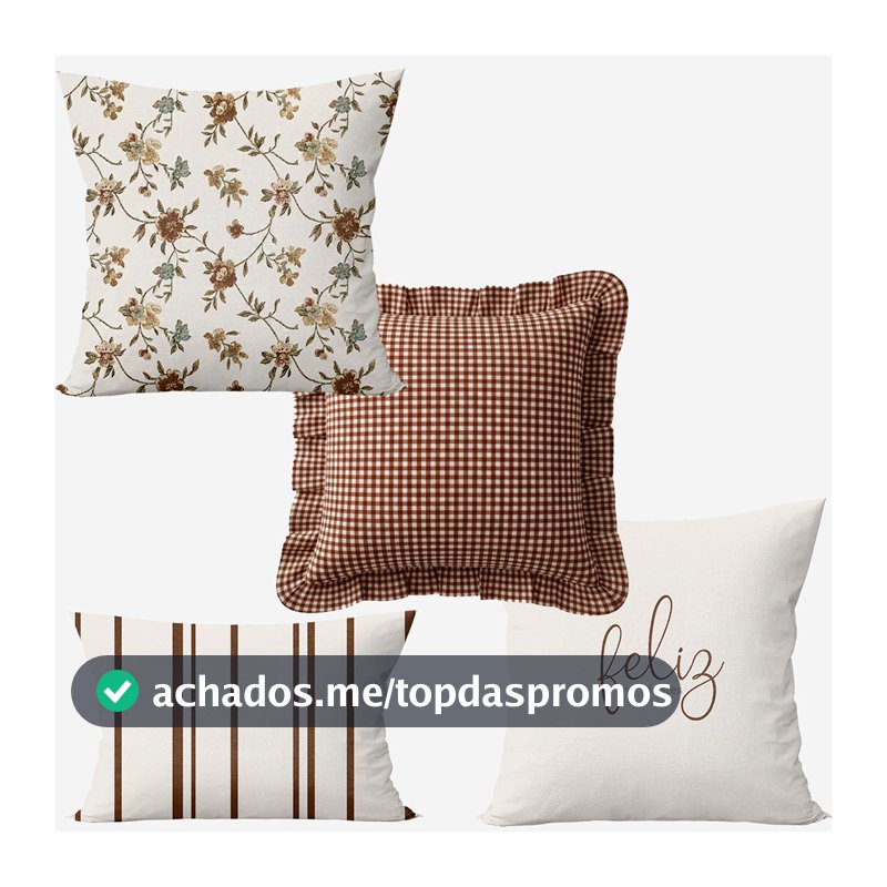 Kit 4 Capas de Almofadas Farmhouse Floral & Xadrez Marrom Babado + Baguete Listrada